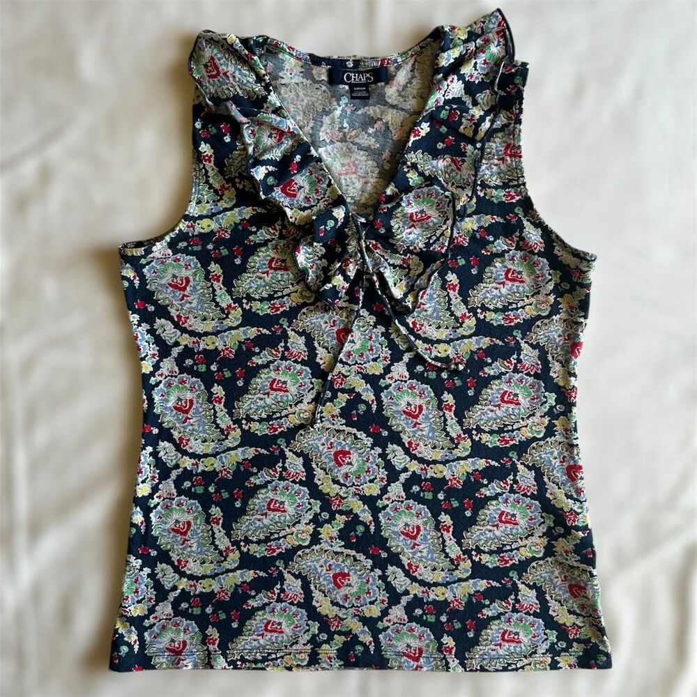 Chaps Ralph Lauren Navy Paisley V Neck Tank W/ Ruffles & Bow Sz S Artsy‎ Preppy